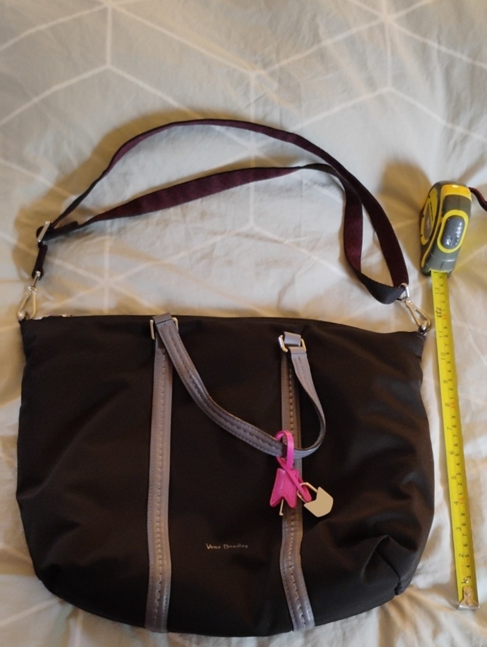 Vera Bradley Black Nylon Midtown Tote with Gray Trim, Lock & Key Charm